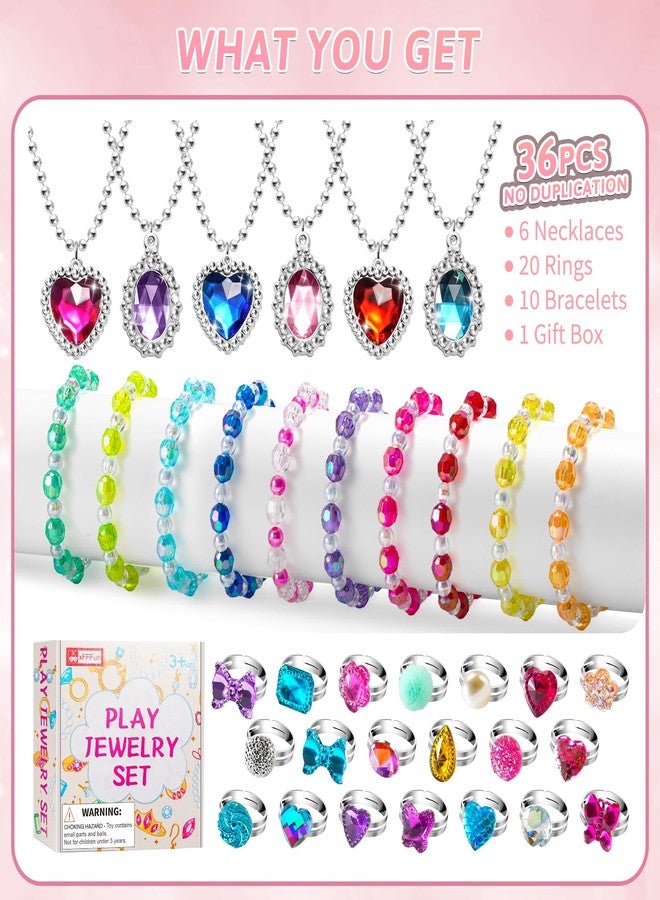 xFFFun 36pcs Princess Play Jewelry Set for Little Girls Ages 4-6, Kids Costume Dress Up Jewelry Necklace Bracelet Rings for Toddlers, Childrens Princess Valentines Party Favors Gift 3 4 5 6 7 8 Year Old Girl - Image 3
